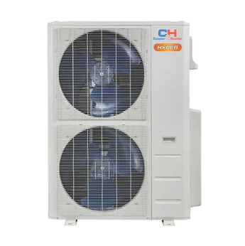 White cooper hunter hyper outdoor air conditioning unit with two stacked fans for ductless mini split heat pump system