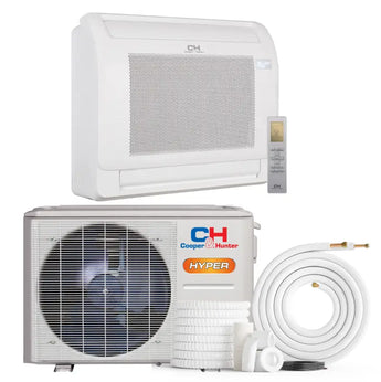 White cooper and hunter hyper heat 12000 btu mini floor console air conditioner with outdoor condenser and remote control