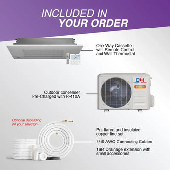 White outdoor condenser unit with circular fan grille and cooper hunter branding for ch-hpr06f9-230vo ceiling cassette heat pump