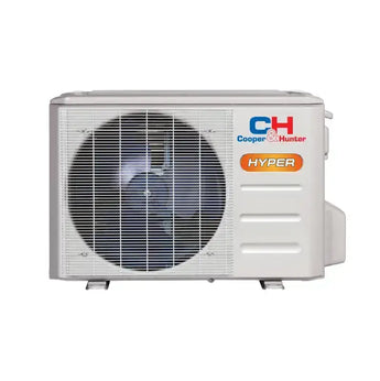 White cooper & hunter hyper outdoor mini floor console air conditioning unit with circular fan grille and vent slats