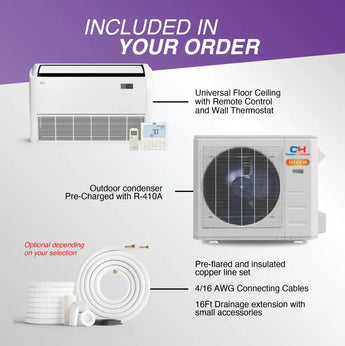 White cooper hunter hyper heat 18000 btu ductless mini split floor ceiling air conditioner with remote and thermostat