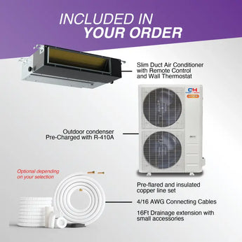 White outdoor mini split condenser unit with two fans and ch-trvice logo for cooper hunter r454b slim duct system