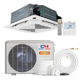 White ceiling-mounted ductless mini split indoor unit with gray housing and silver remote plus thermostat showing 70 degrees