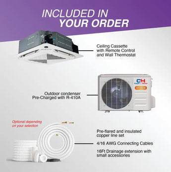 White ceiling cassette mini split air conditioner with remote and wall thermostat by cooper & hunter hyper heat