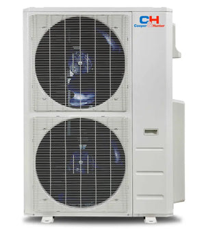 White Cooper & Hunter R410A outdoor unit with two rear fans behind grilles