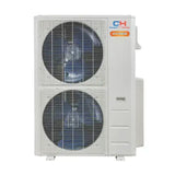 White cooper hunter olivia hyper ductless mini split outdoor unit with two stacked fans in protective grille