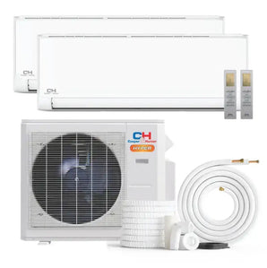 White cooper and hunter olivia hyper r454b mini split wall mount ac kit with indoor units outdoor condenser and accessories