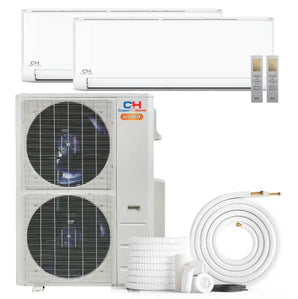 White cooper and hunter olivia hyper 36000 btu ductless mini split kit with two indoor units and outdoor condenser