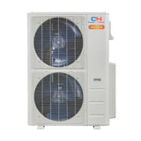 White cooper hunter olivia hyper ductless mini split outdoor unit with two fans in protective grilles