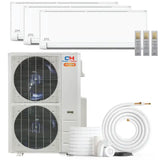 White cooper hunter olivia hyper ductless mini split ac with two outdoor units and three indoor wall-mounted panels