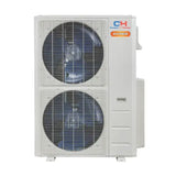 White cooper hunter olivia hyper ductless mini split ac with two stacked fans in protective grilles