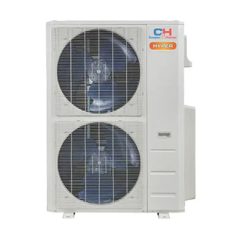 White cooper hunter olivia hyper ductless mini split ac unit with two stacked fans in protective grilles