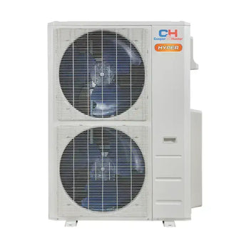White cooper hunter olivia hyper ductless mini split outdoor unit with two stacked fans in protective grille