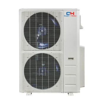 White cooper and hunter olivia midnight outdoor mini split unit with two fans and r454b refrigerant