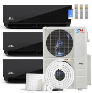 Black glossy cooper hunter olivia midnight mini split indoor units with remotes and white outdoor r454b condenser unit