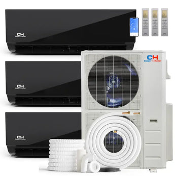 Black glossy cooper hunter olivia midnight mini split indoor units with remotes and white outdoor r454b condenser unit
