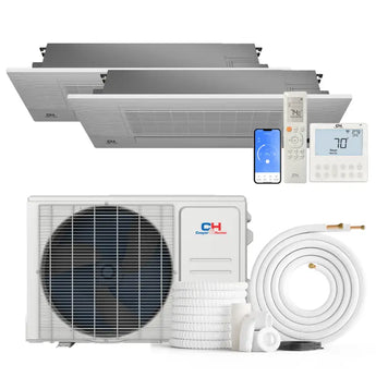 Cooper&Hunter 18,000 BTU 2-Zone One-Way Cassette Mini Split kit with R454B refrigerant, 230V, SEER2 25.1 — 2 indoor units, outdoor condenser and line-set