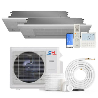 Cooper&Hunter 28,000 BTU 2-Zone One-Way Cassette Mini Split kit with R454B refrigerant, 230V, SEER2 25 — 2 indoor units, outdoor condenser and line-set