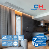 White Cooper&Hunter One-Way Cassette ceiling unit in living room — R454B ductless mini split, 7-year compressor/5-year parts warranty