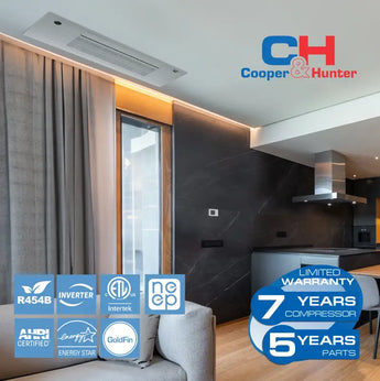 White Cooper&Hunter One-Way Cassette ceiling unit in living room — R454B ductless mini split, 7-year compressor/5-year parts warranty