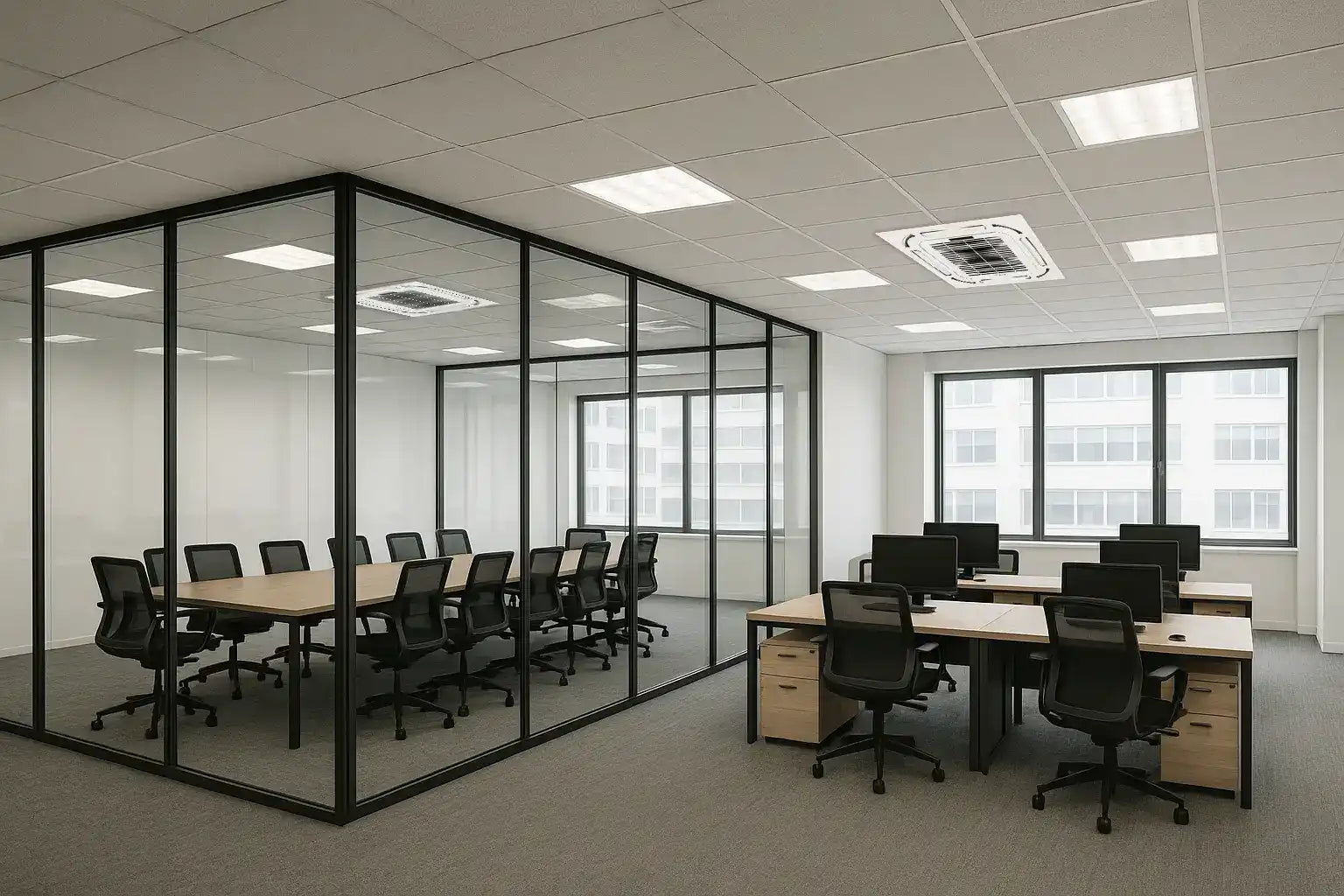 Glass wall conference room divider with black metal frame and modern design.