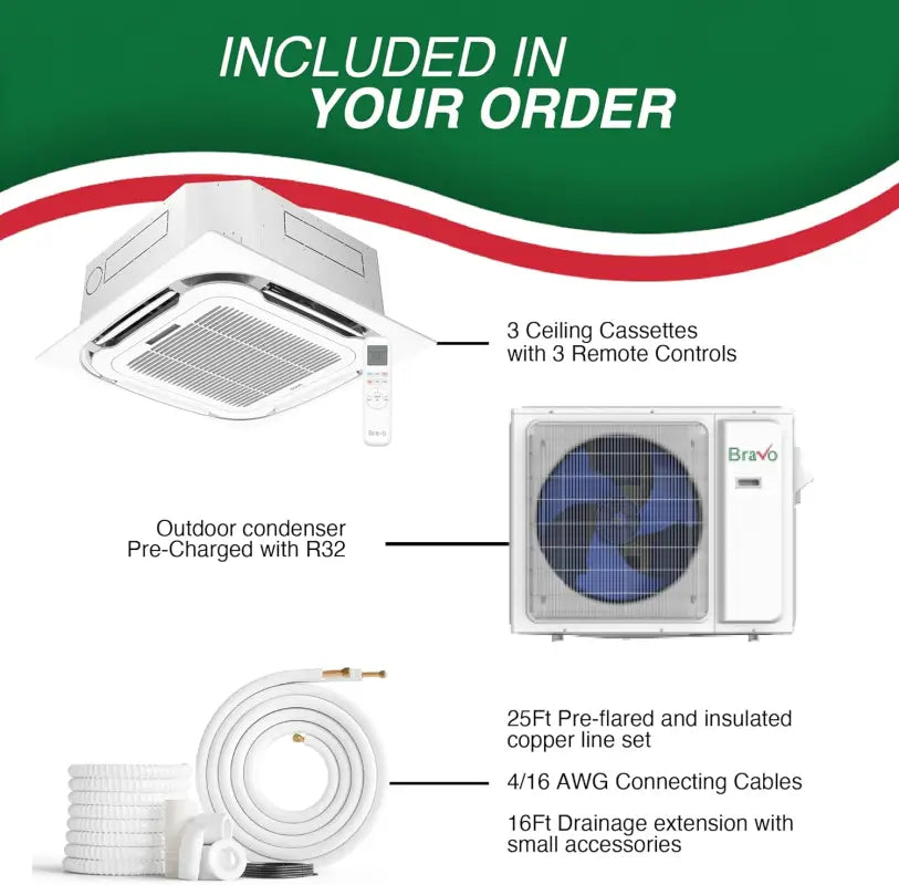 BRAVO 24,000 BTU 3 Zone 9000 + 9000 + 9000 BTU Ceiling Cassette Ductless Mini Split A/C and Heater with 25ft Installation Kits