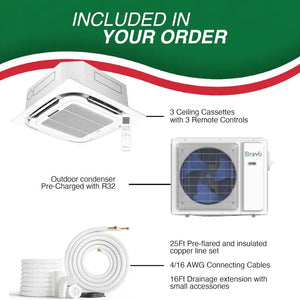 BRAVO 24,000 BTU 3 Zone 9000 + 9000 + 9000 BTU Ceiling Cassette Ductless Mini Split A/C and Heater with 25ft Installation Kits