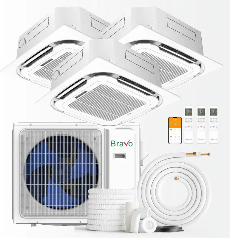 BRAVO 24,000 BTU 3 Zone 9000 + 9000 + 9000 BTU Ceiling Cassette Ductless Mini Split A/C and Heater with 25ft Installation Kits