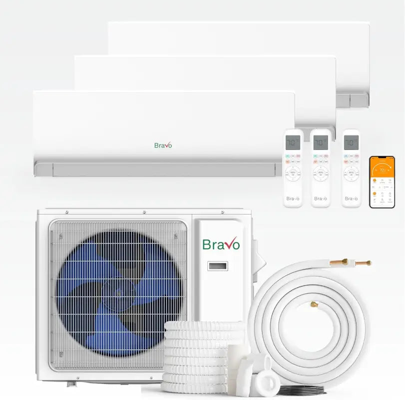 BRAVO 30,000 BTU 3 Zone 9000 + 9000 + 12000 BTU Wall Mount Ductless Mini Split A/C and Heater with 25ft Installation Kits