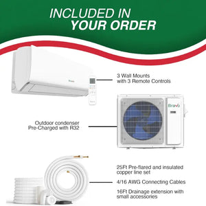 BRAVO 30,000 BTU 3 Zone 9000 + 9000 + 12000 BTU Wall Mount Ductless Mini Split A/C and Heater with 25ft Installation Kits