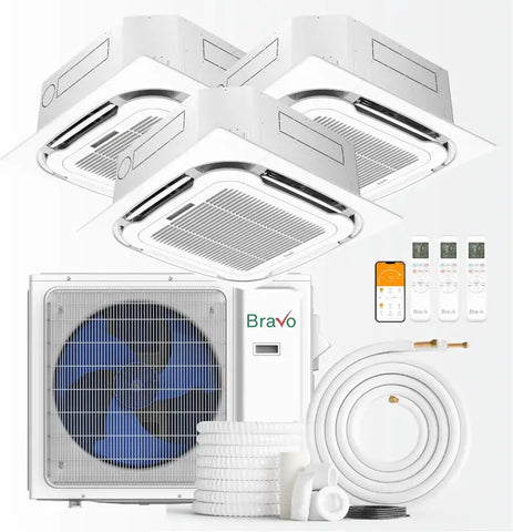 BRAVO 36,000 BTU 3 Zone 12000 + 12000 + 12000 BTU Ceiling Cassette Ductless Mini Split A/C and Heater with 25ft Installation Kits