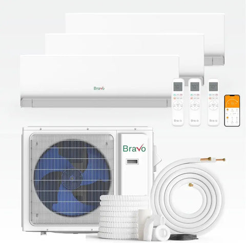 BRAVO 36,000 BTU 3 Zone 9000 + 12000 + 18000 BTU Wall Mount Ductless Mini Split A/C and Heater with 25ft Installation Kits