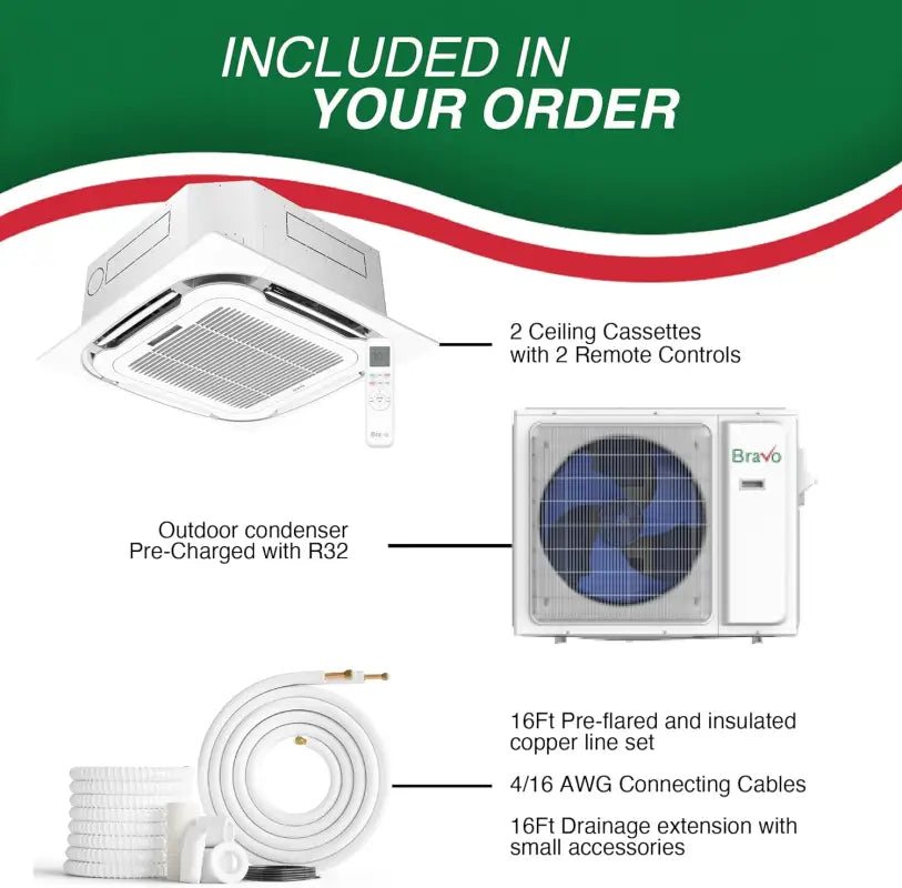 BRAVO 36,000 BTU Dual Zone 18000 + 18000 BTU Ceiling Cassette Ductless Mini Split A/C and Heater with 16ft Installation Kits
