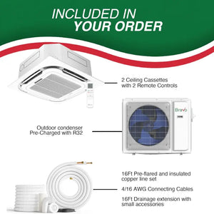 BRAVO 36,000 BTU Dual Zone 18000 + 18000 BTU Ceiling Cassette Ductless Mini Split A/C and Heater with 16ft Installation Kits