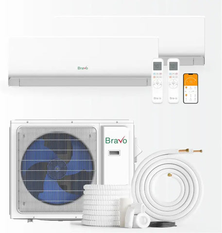 BRAVO 36,000 BTU Dual Zone 18000 + 18000 BTU Wall Mount Ductless Mini Split A/C and Heater with 16ft Installation Kits