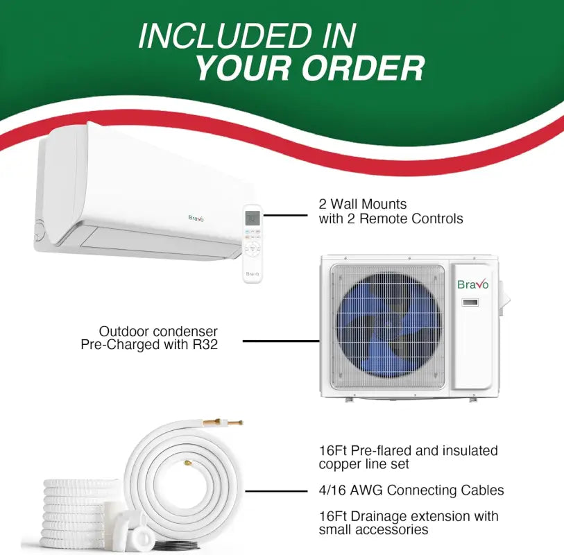 BRAVO 36,000 BTU Dual Zone 9000 + 24000 BTU Wall Mount Ductless Mini Split A/C and Heater with 16ft Installation Kits