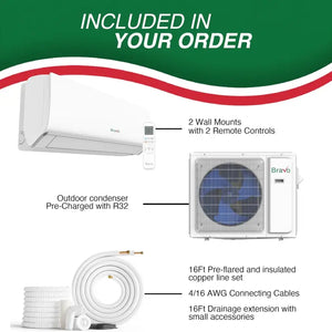 BRAVO 36,000 BTU Dual Zone 9000 + 24000 BTU Wall Mount Ductless Mini Split A/C and Heater with 16ft Installation Kits