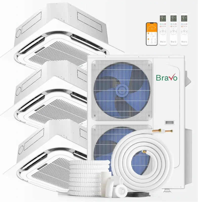 BRAVO 42,000 BTU 3 Zone 12000 + 18000 + 18000 BTU Ceiling Cassette Ductless Mini Split A/C and Heater with 25ft Installation Kits