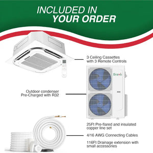 BRAVO 42,000 BTU 3 Zone 12000 + 12000 + 18000 BTU Ceiling Cassette Ductless Mini Split A/C and Heater with 25ft Installation Kits