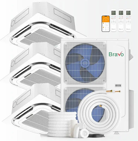 BRAVO 42,000 BTU 3 Zone 12000 + 12000 + 18000 BTU Ceiling Cassette Ductless Mini Split A/C and Heater with 25ft Installation Kits
