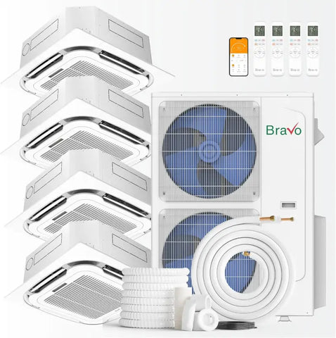 BRAVO 42,000 BTU 4 Zone 9000 + 9000 + 12000 + 12000 BTU Ceiling Cassette Ductless Mini Split A/C and Heater with 25ft Installation Kits