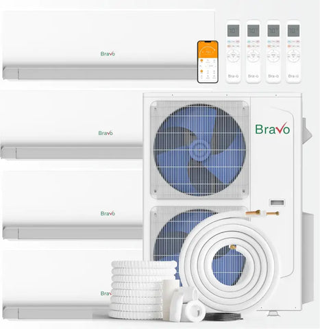 BRAVO 42,000 BTU 4 Zone 9000 + 9000 + 9000 + 12000 BTU Wall Mount Ductless Mini Split A/C and Heater with 25ft Installation Kits