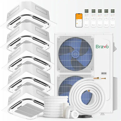 BRAVO 42,000 BTU 5 Zone 9000 + 9000 + 9000 + 9000 + 12000 BTU Ceiling Cassette Ductless Mini Split A/C and Heater with 25ft Installation Kits