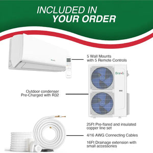 BRAVO 42,000 BTU 5 Zone 9000 + 9000 + 9000 + 9000 + 12000 BTU Wall Mount Ductless Mini Split A/C and Heater with 25ft Installation Kits