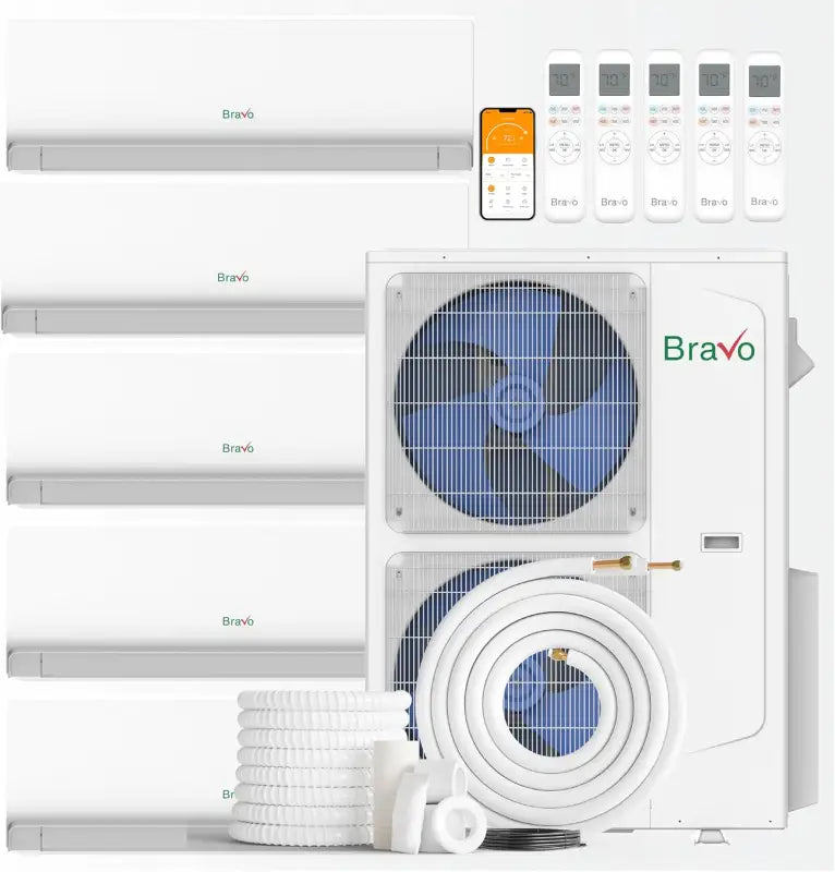 BRAVO 42,000 BTU 5 Zone 9000 + 9000 + 9000 + 9000 + 12000 BTU Wall Mount Ductless Mini Split A/C and Heater with 25ft Installation Kits