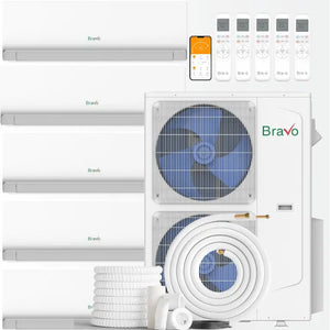 BRAVO 42,000 BTU 5 Zone 9000 + 9000 + 9000 + 9000 + 12000 BTU Wall Mount Ductless Mini Split A/C and Heater with 25ft Installation Kits