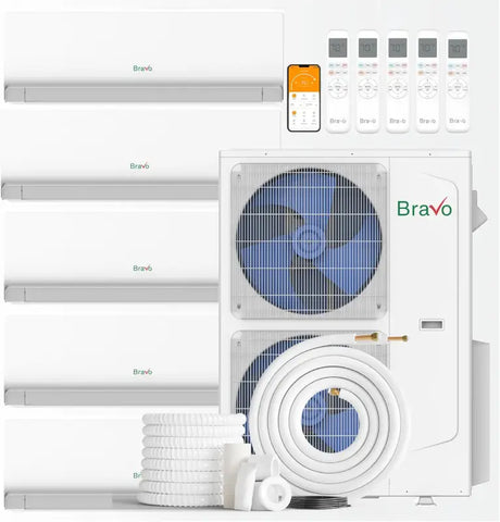 BRAVO 42,000 BTU 5 Zone 9000 + 9000 + 9000 + 9000 + 12000 BTU Wall Mount Ductless Mini Split A/C and Heater with 25ft Installation Kits