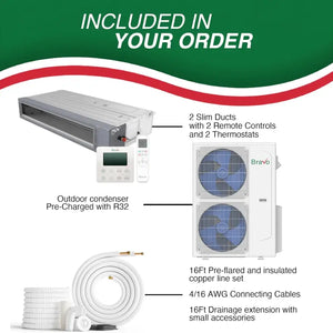 BRAVO 42,000 BTU Dual Zone 18000 + 24000 BTU Concealed Duct Mini Split A/C and Heater with 16ft Installation Kits