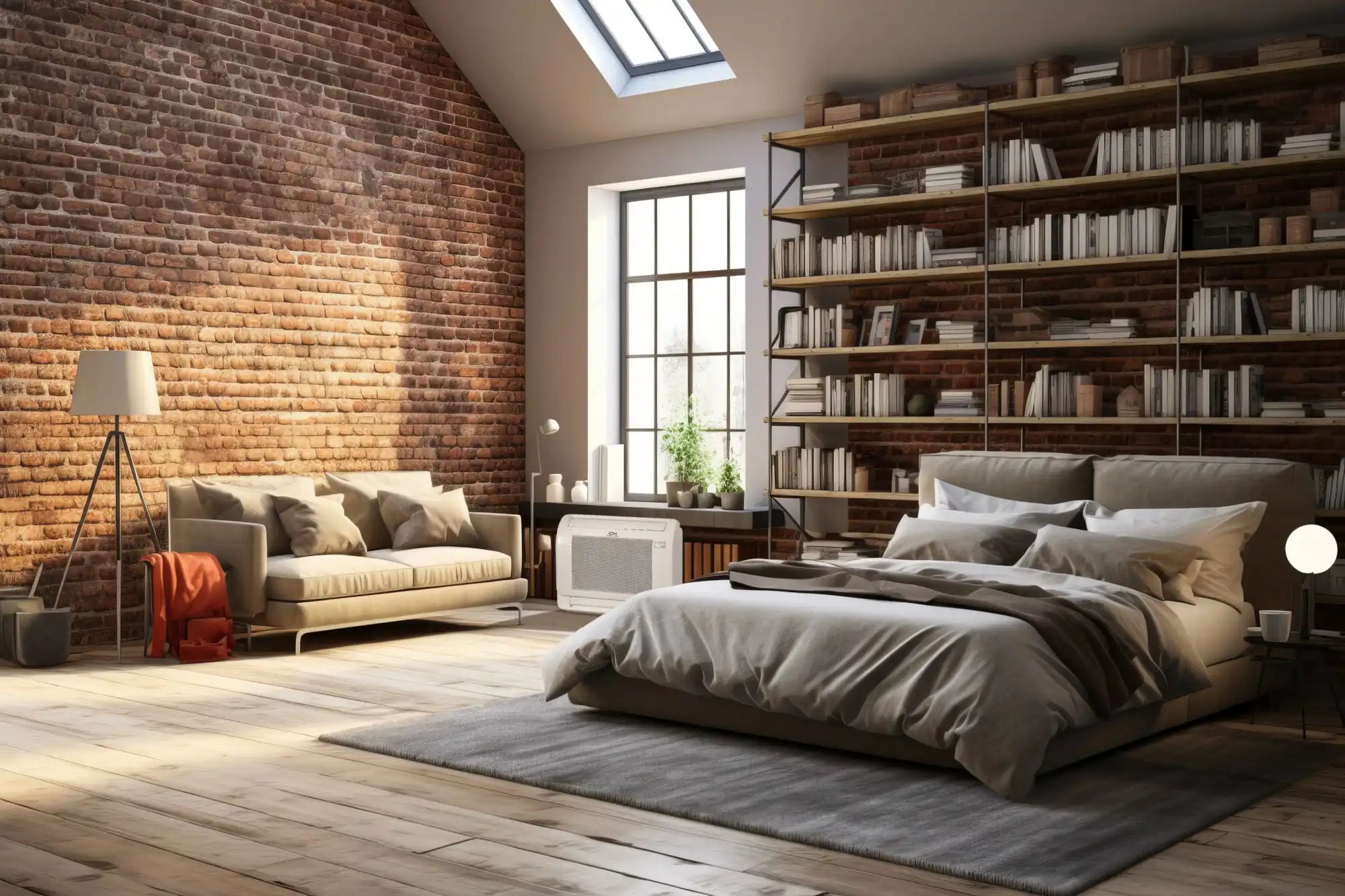 Modern gray upholstered bed with wooden frame and headboard, large bookshelf behind it.