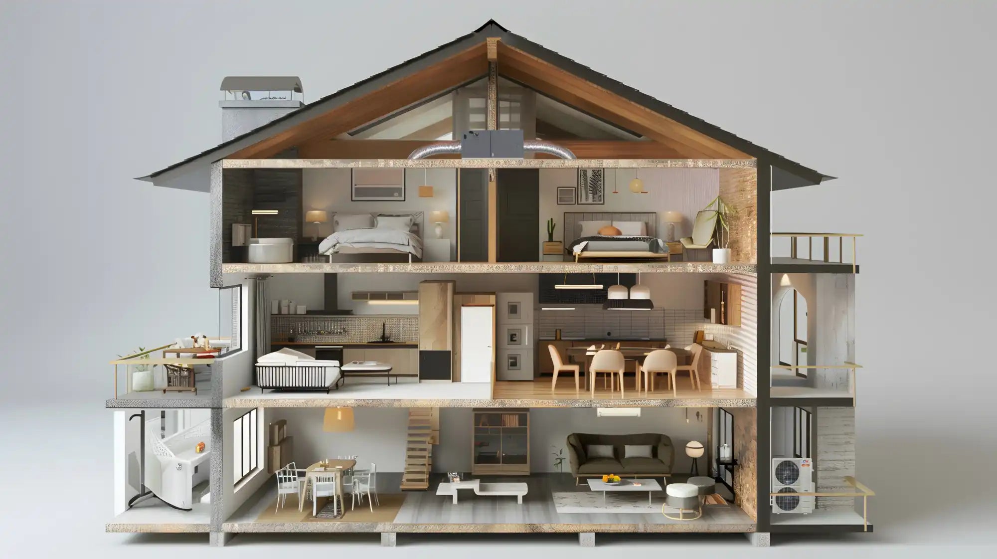 Modern wooden dollhouse with glass windows and a gray roof.